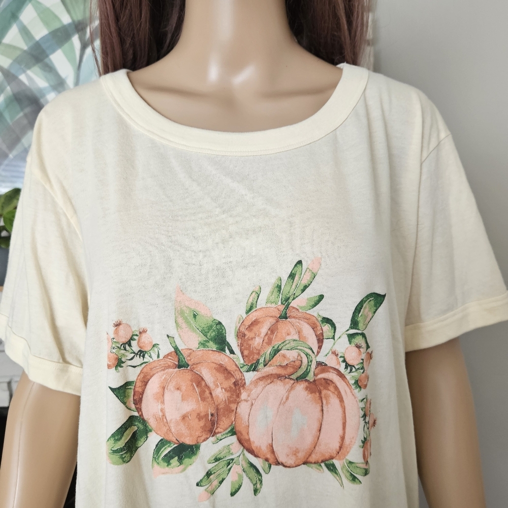 Lularoe shirt plus size 3XL cream yellow pumpkin print tunic top short sleeves - Picture 2 of 13